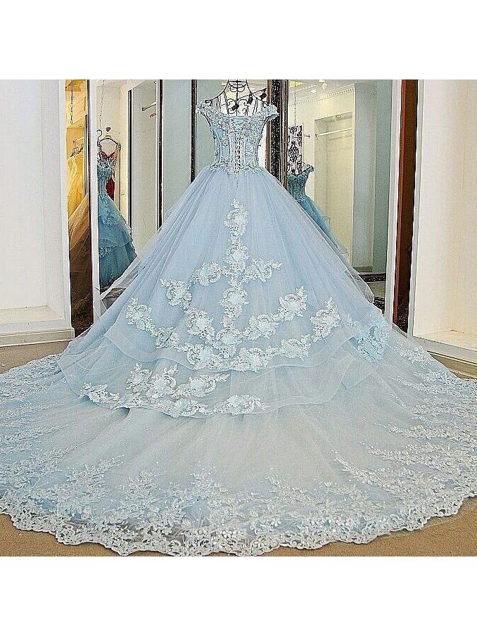 Lace Appliqued Sky Blue Ball Gown ...